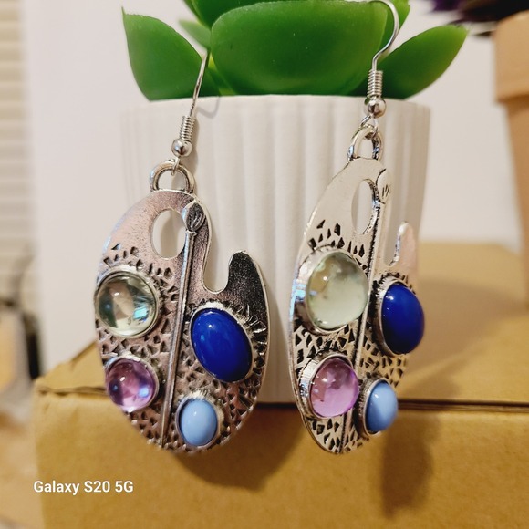 Handmade Art Palette Earrings Multi Color Gemstones Silver Tone Dangle 2.5" - Picture 4 of 4